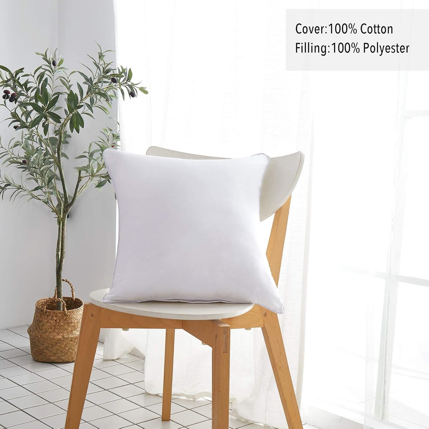 Oubonun Pillow Inserts - 18"x18" Set of 2 with 100% Cotton Cover - Decorative Throw Pillows for Sofa - White