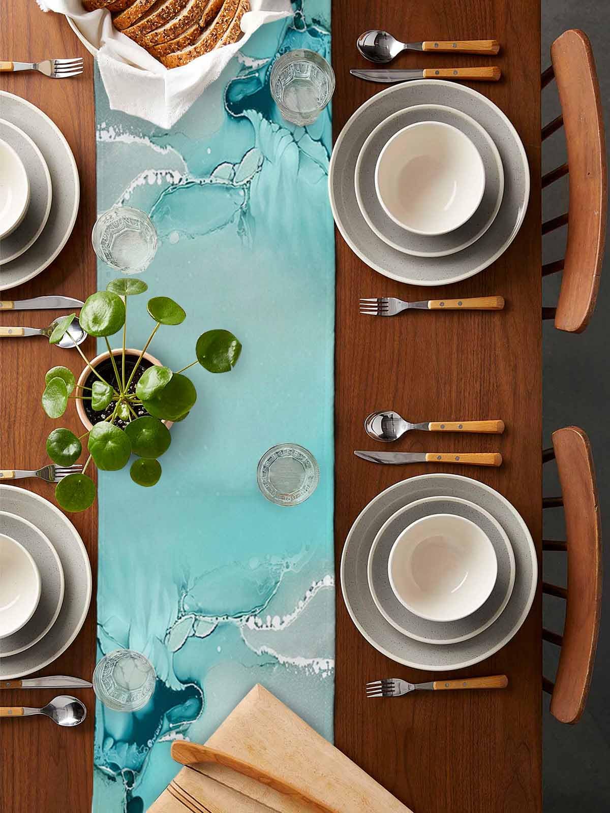 Marble Turquoise Teal Aqua Table Runner 90 Inches Long,Cotton Linen Modern Kitchen Dinner Dining Table Runners Decor Long Dresser Scarf,Burlap Tablerunner for Coffee/Dining/Party/Wedding Table