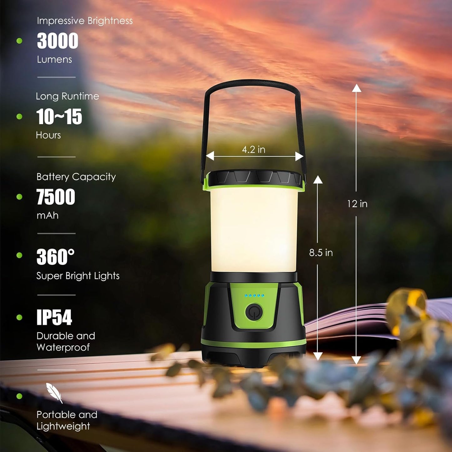 Rechargeable LED Lantern - 3000 Lumens, 5 Light Modes, IP54 Waterproof | Portable 7500mAh Flashlight for Camping & Emergencies (Green)