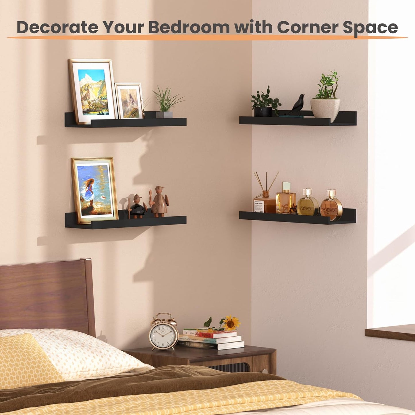 Upsimples Floating Wall Shelves - Set of 6 Decorative Wood Shelves for Bedroom, Living Room, Bathroom, Kitchen | Black