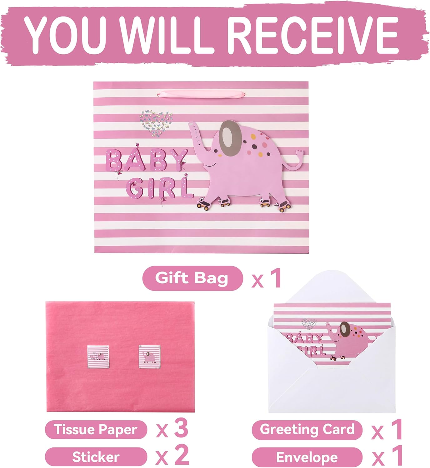 Wishinside 13" Large Pink Gift Bag Set - 3D Elephant Design with Greeting Card & Tissue Paper for Baby Girl, Baby Shower, Kids Birthday Party