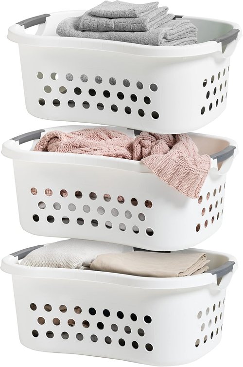 IRIS USA 50L Plastic Laundry Basket - Comfortable Carry Handles, 3-Pack, Ventilated Design, White