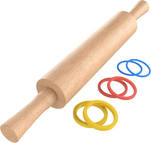 Classic Beechwood Rolling Pin - Multi-Color Thickness Rings for Baking | 17” x 2.5” with Handle