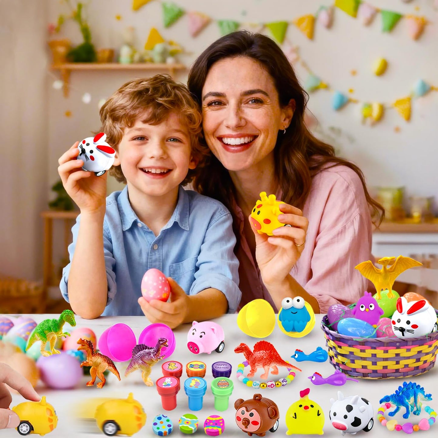 Phaorui 318 Pcs bulk Easter Egg with toys filled inside for kids, 100 sets plastic Easter egg stuffed with toys self pre filled Easter egg fillers for Kids Boys Girls stuffed Easters eggs filled