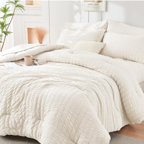 HYMOKEGE Queen Comforter Set - Ivory Oversized 7-Piece Luxury Bedding Set with Sheets & Pillowcases