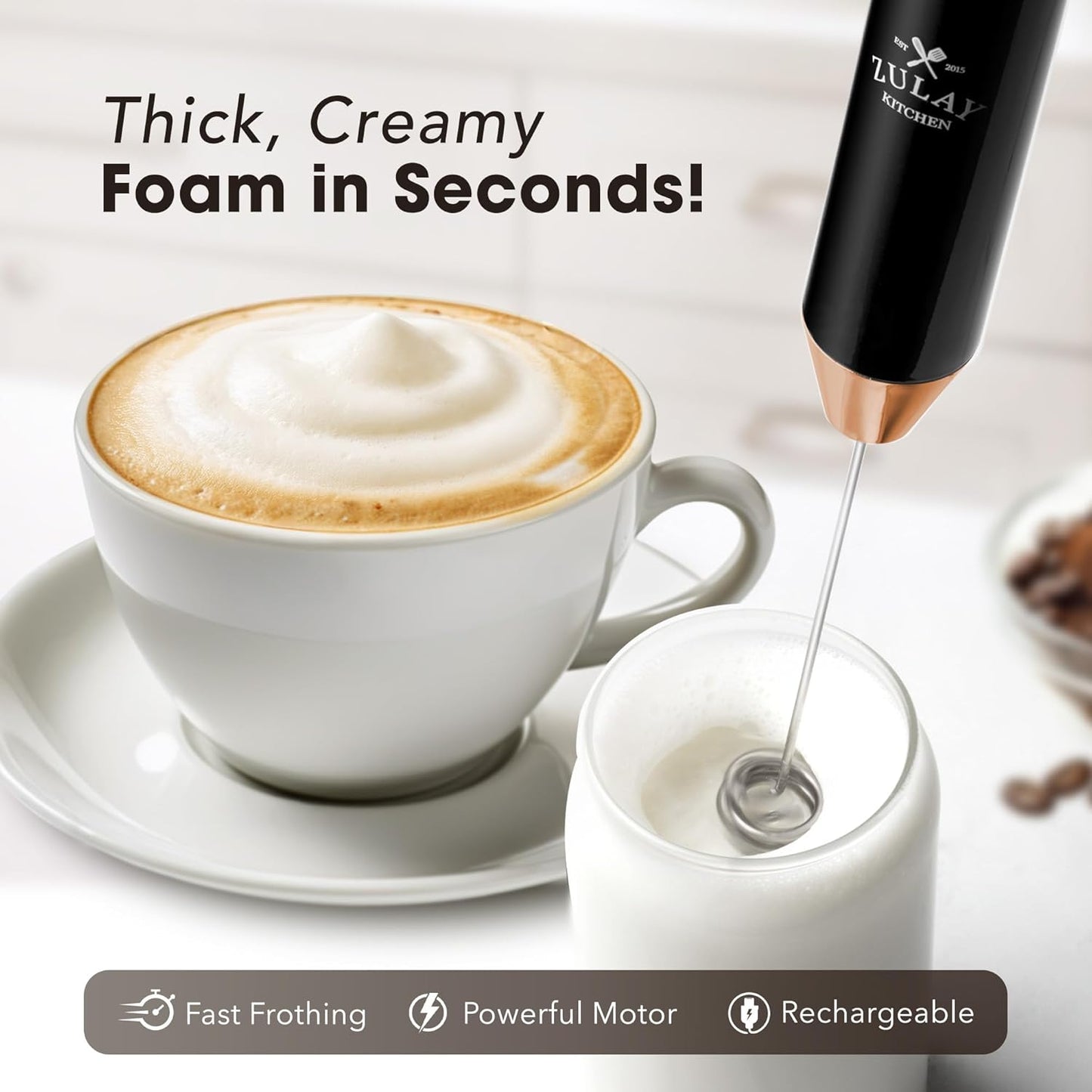 Zulay Kitchen Rechargeable Milk Frother - Powerful 2-Speed Mixer with 4 Whisks, Waterproof, 2000mAh Battery - Dark Copper for Lattes & Cappuccinos