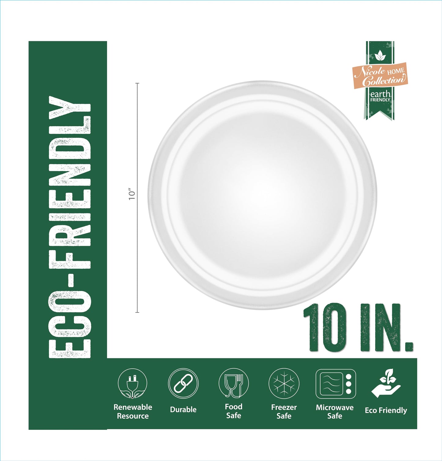 Nicole Home Collection 100% Compostable Heavy Duty 10" Disposable Paper Plates Bagasse Biodegradable Eco-Friendly Natural Sugarcane 100 Count