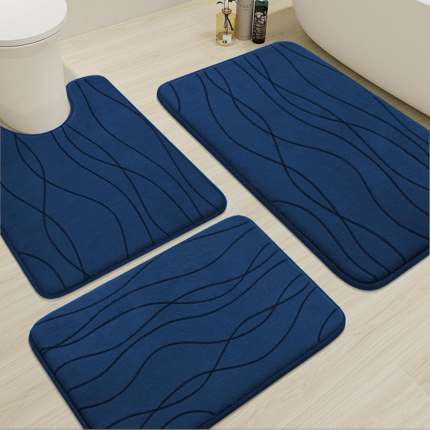 YIHOUSE Memory Foam Bathroom Rug Set - Ultra Absorbent Non-Slip Mats | 3-Piece Navy Blue Collection