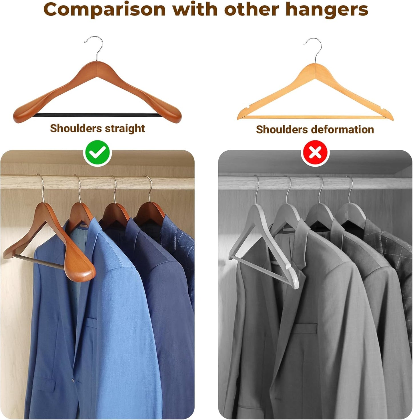 MEQUTION Wooden Coat Hangers - Extra Wide Shoulder Design for Heavy Coats & Suits | 8-Pack in Walnut Finish