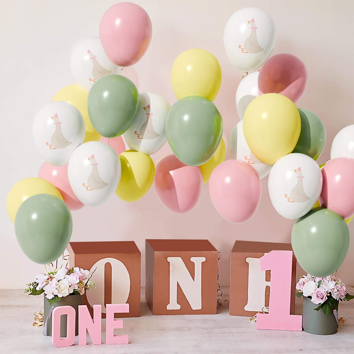 Motionchic 60 Pcs Bow Goose Balloons Set, 12 Inch Pastel Pink Latex Balloons One Silly Goose Birthday Party Decorations Baby Shower Decor(Pink)