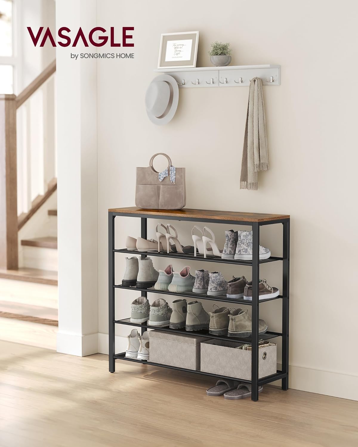 VASAGLE Shoe Rack - 5-Tier Shoe Storage Organizer with Metal Mesh Shelves for 16-20 Pairs - Rustic Brown and Black