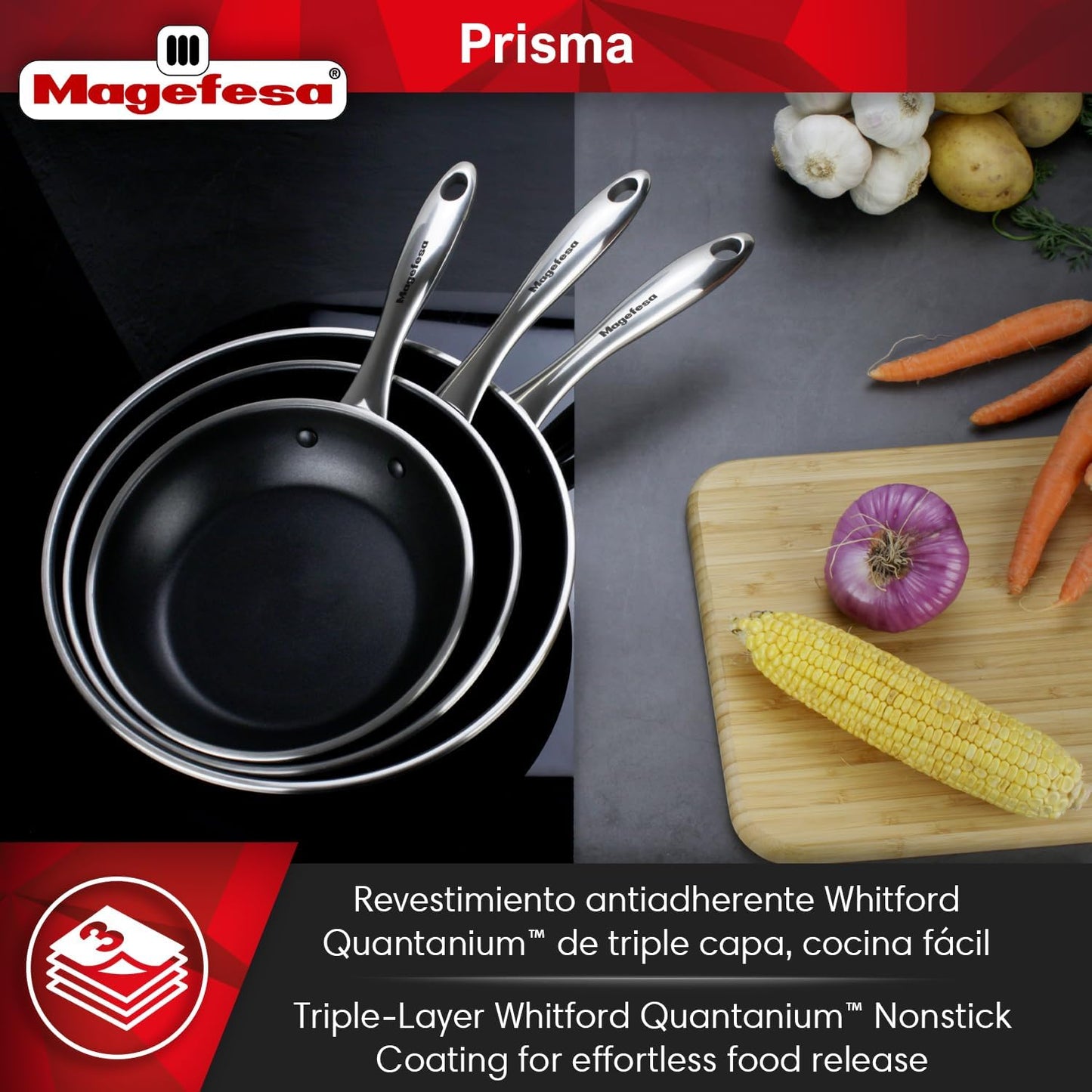 Magefesa Prisma 7.9-Inch Frying Pan - Triple-Layer Nonstick, 18/10 Stainless Steel, Oven Safe to 392°F