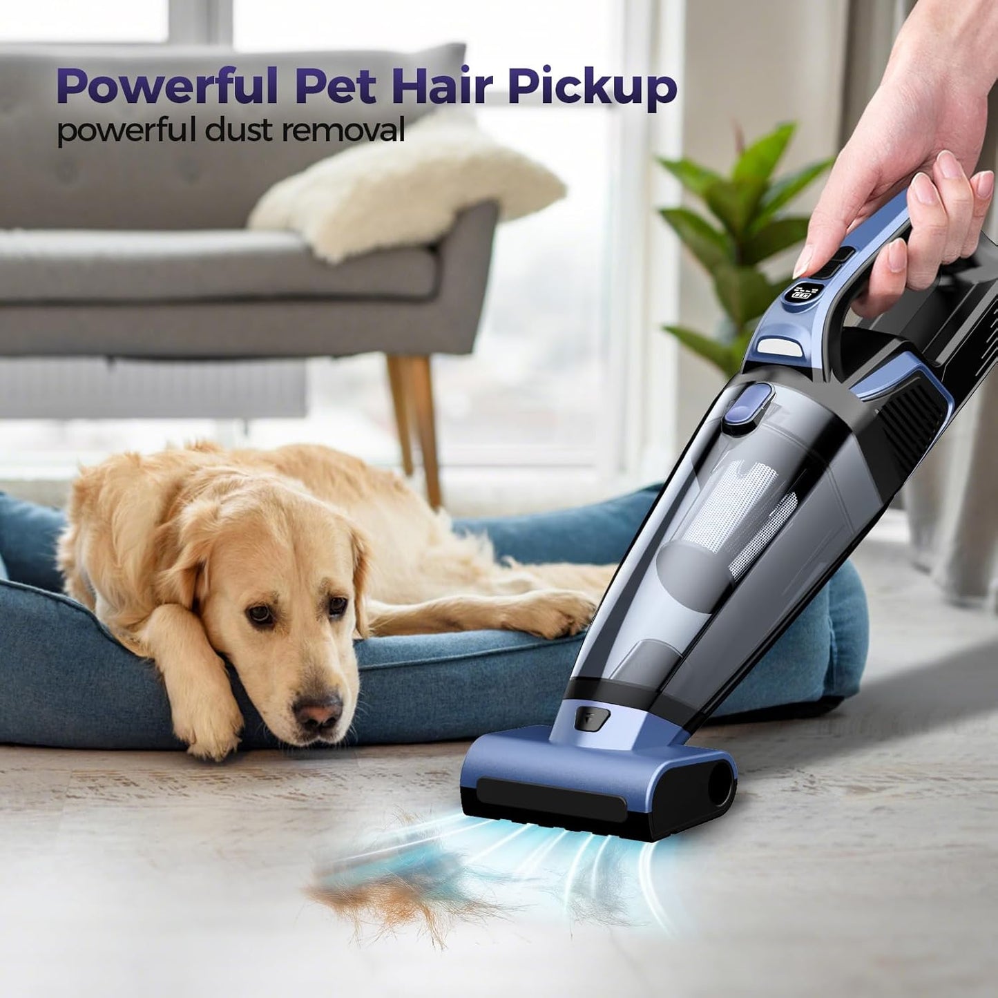 Skiennix Cordless Pet Hair Handheld Vacuum - 20000PA High Power with Motorized Brush & LED Light, Blue