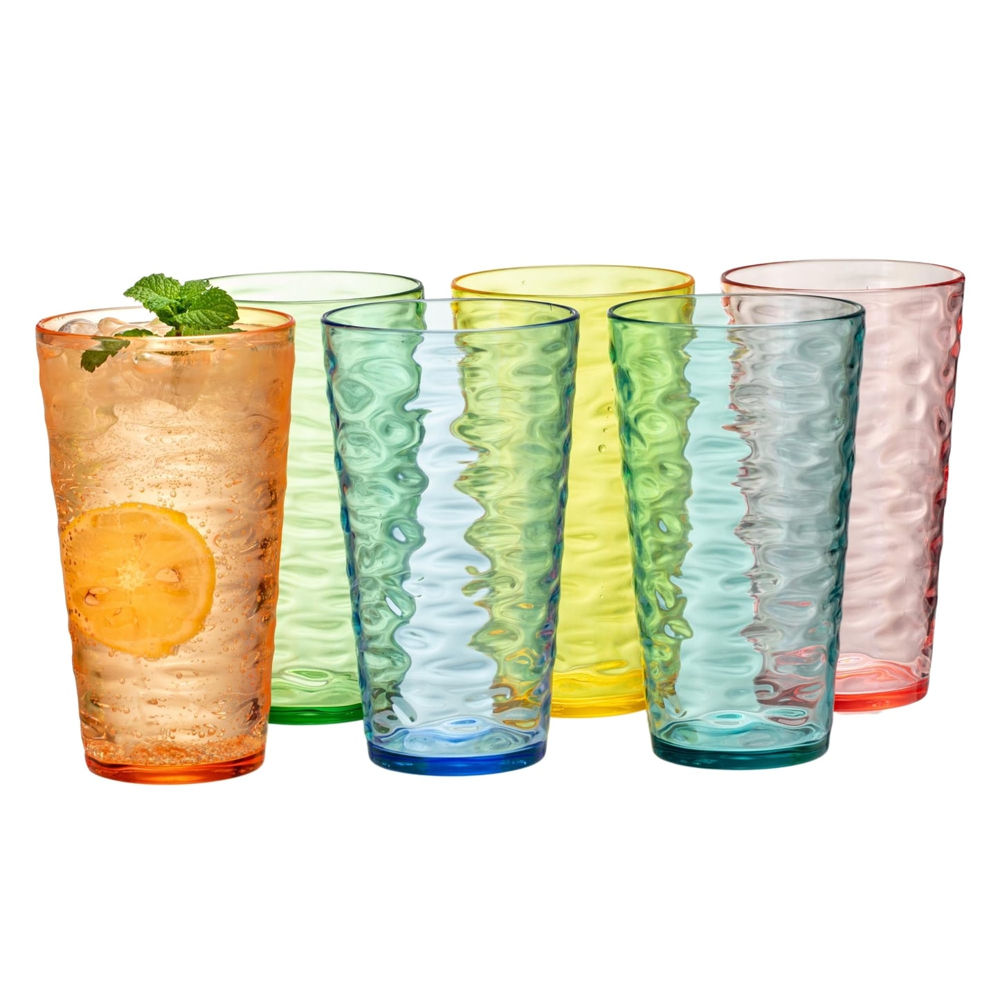 MIYOPESI 20oz Acrylic Glasses (Set of 6), Water-Ripple Design Shatter-Proof Plastic Cups, Reusable Plastic Tumblers, Stackable, BPA-Free, Dishwasher-Safe (Colorful)
