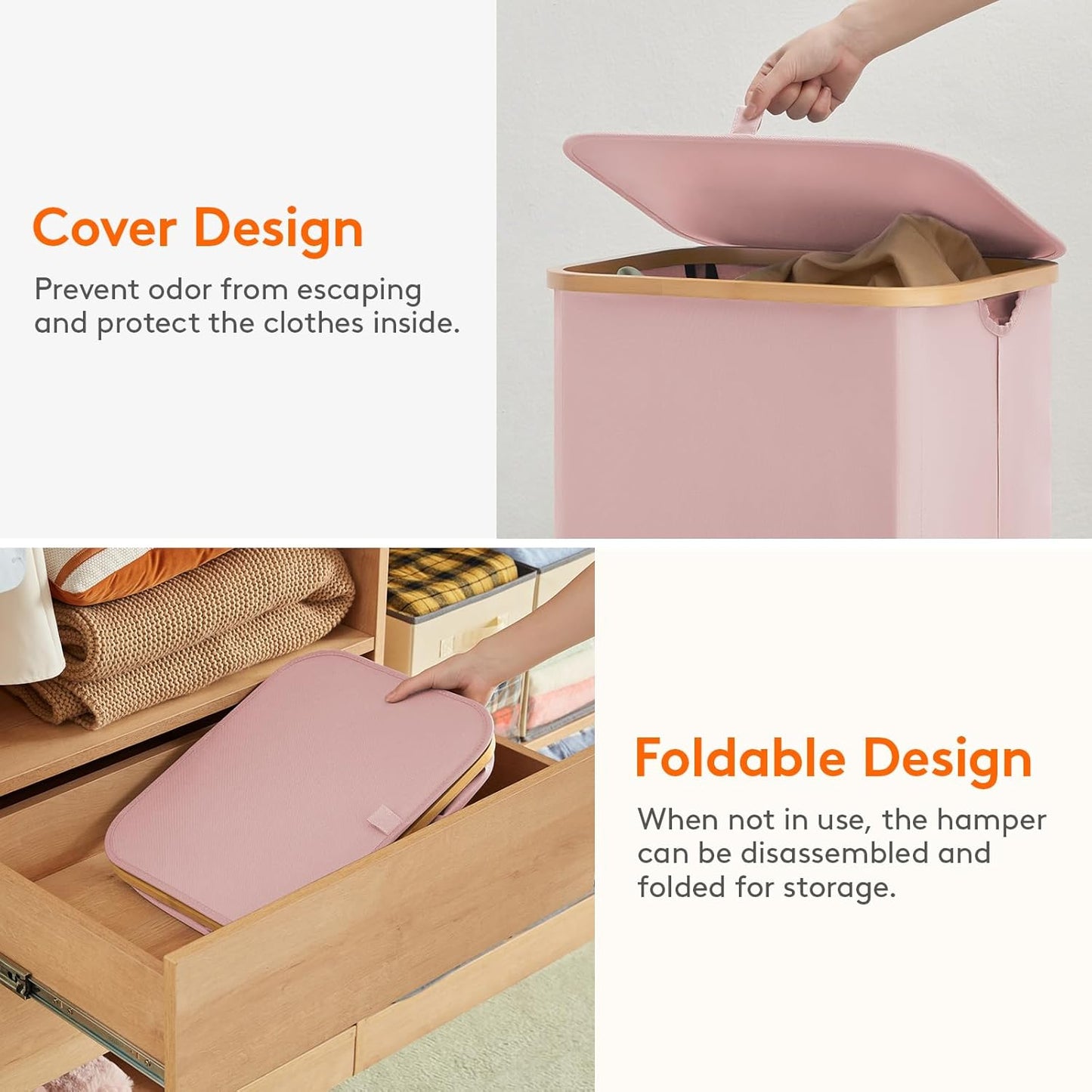 Lifewit 100L Laundry Basket - Foldable Hamper with Lid & Bamboo Handles | Pink, Large Capacity