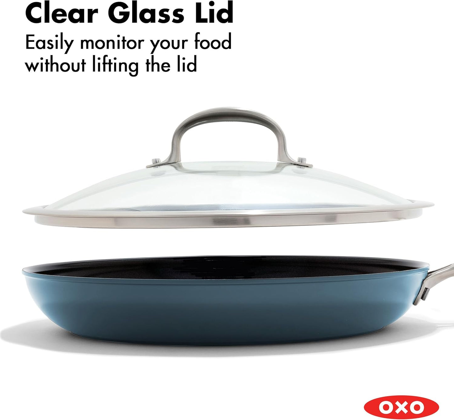 OXO 12” Nonstick Frying Pan Skillet - Durable Ceramic PFAS-Free Cookware with Lid, Storm Blue