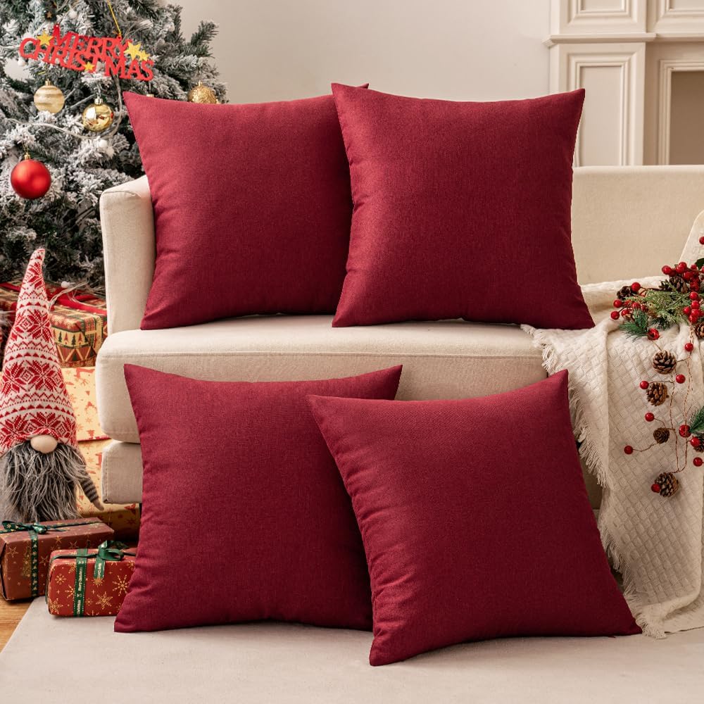 MIULEE Decorative Outdoor Throw Pillow Covers - Waterproof Faux Linen Cushion Cases, 18x18 Inch, Wine Red | Pack of 2