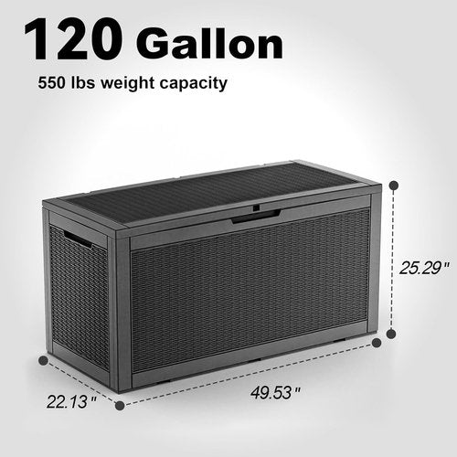 120 Gallon Waterproof Outdoor Storage Box - Lockable Resin Deck Container for Patio Furniture & Tools | Black