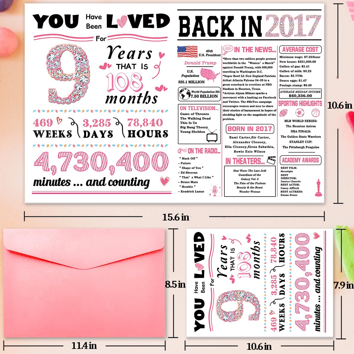 ATTLVV 9th Birthday Card, 9th Birthday Decorations for Girls,Happy 9th Birthday Gifts for Daughter,Cute 9 Year Old Birthday Gift Cards for Granddaughter