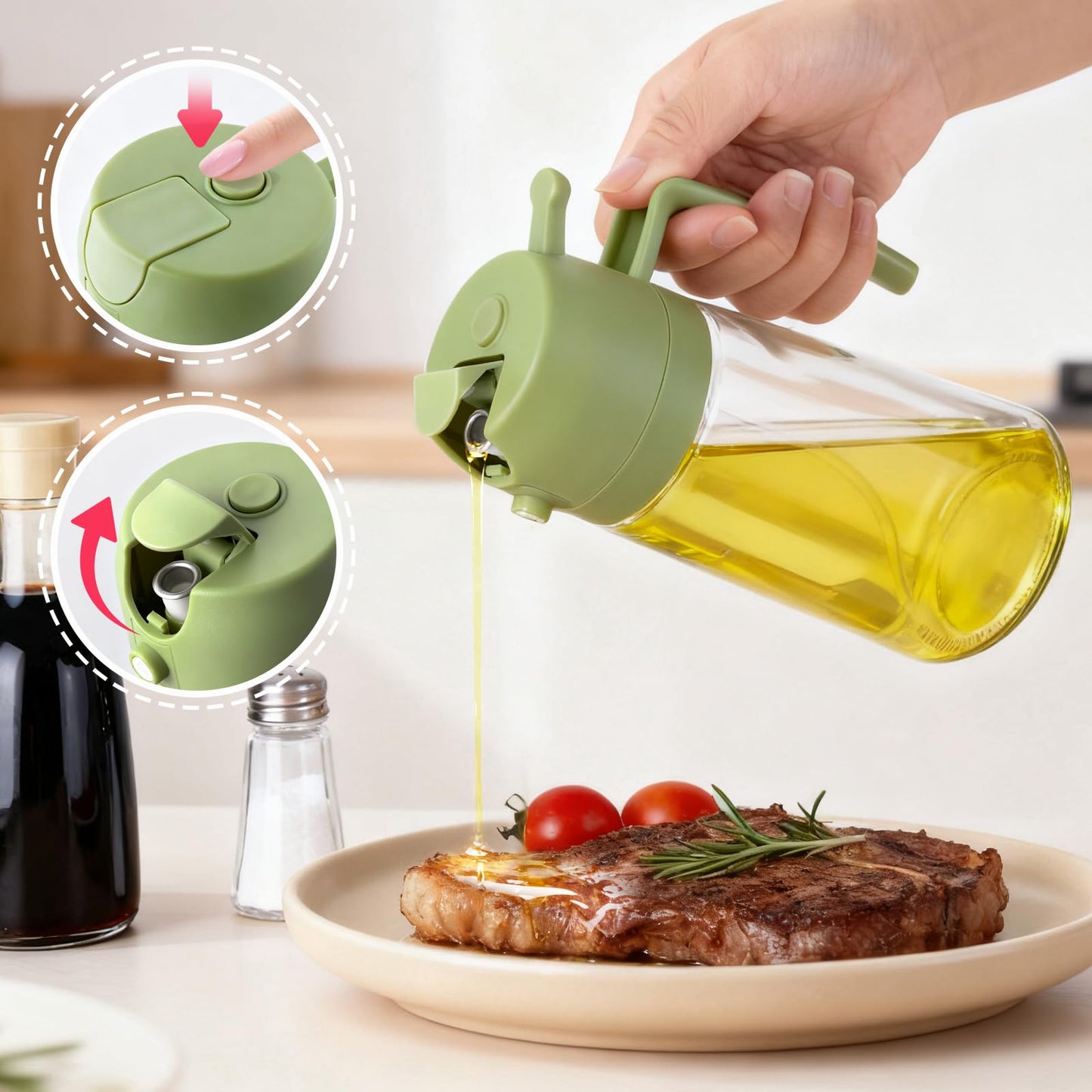 RMNJPW 2Pcs Glass Oil Sprayer for Cooking 16oz/470ml, Kitchen Gadget for Air Fryer, Salad, BBQ, Frying（Black+Green）