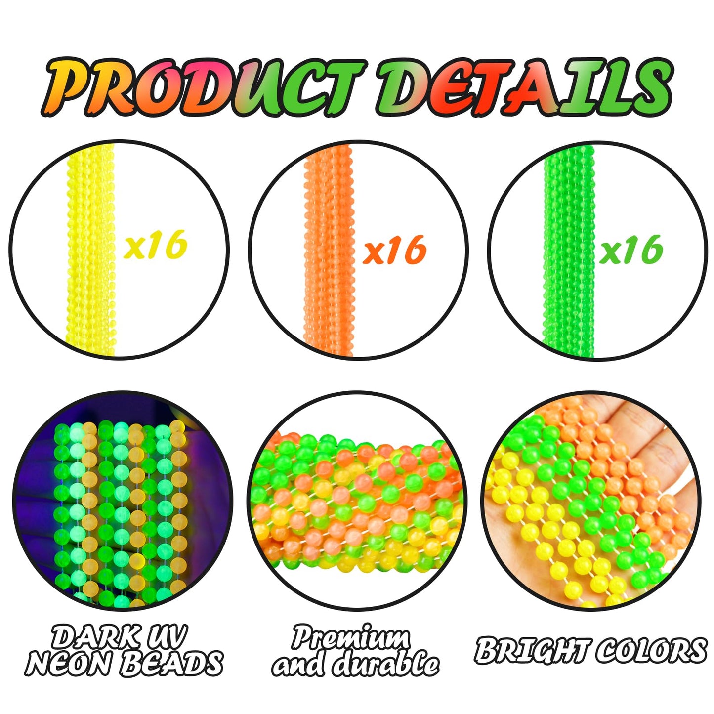 ABONDEVER 48PCS Glow in the Dark Beads Necklaces Glow Party Supplies, 33" Yellow Green Orange UV Black Light Necklaces for Glow Party Favors Night Accessories, Halloween Birthday Party Decorations