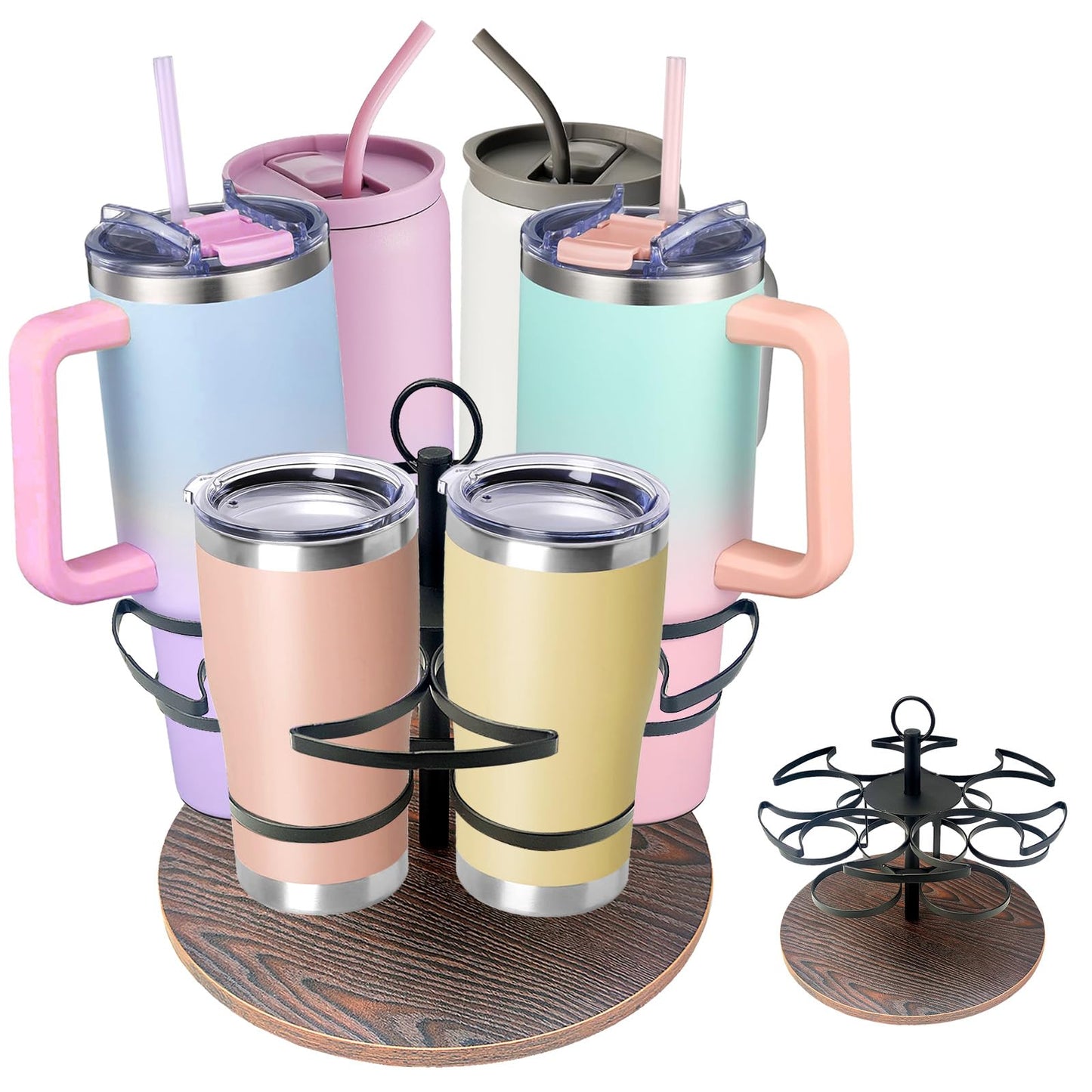 Tumbler Organizer,Ctancifang Rotating Stanley Cup Holder for Cabinet Fits 6 Bottles (40/30 oz), Stanley Organizer with Portable Handle for Kitchen, Camping, Parties,Easy to Grab Cup,Easy to Carry