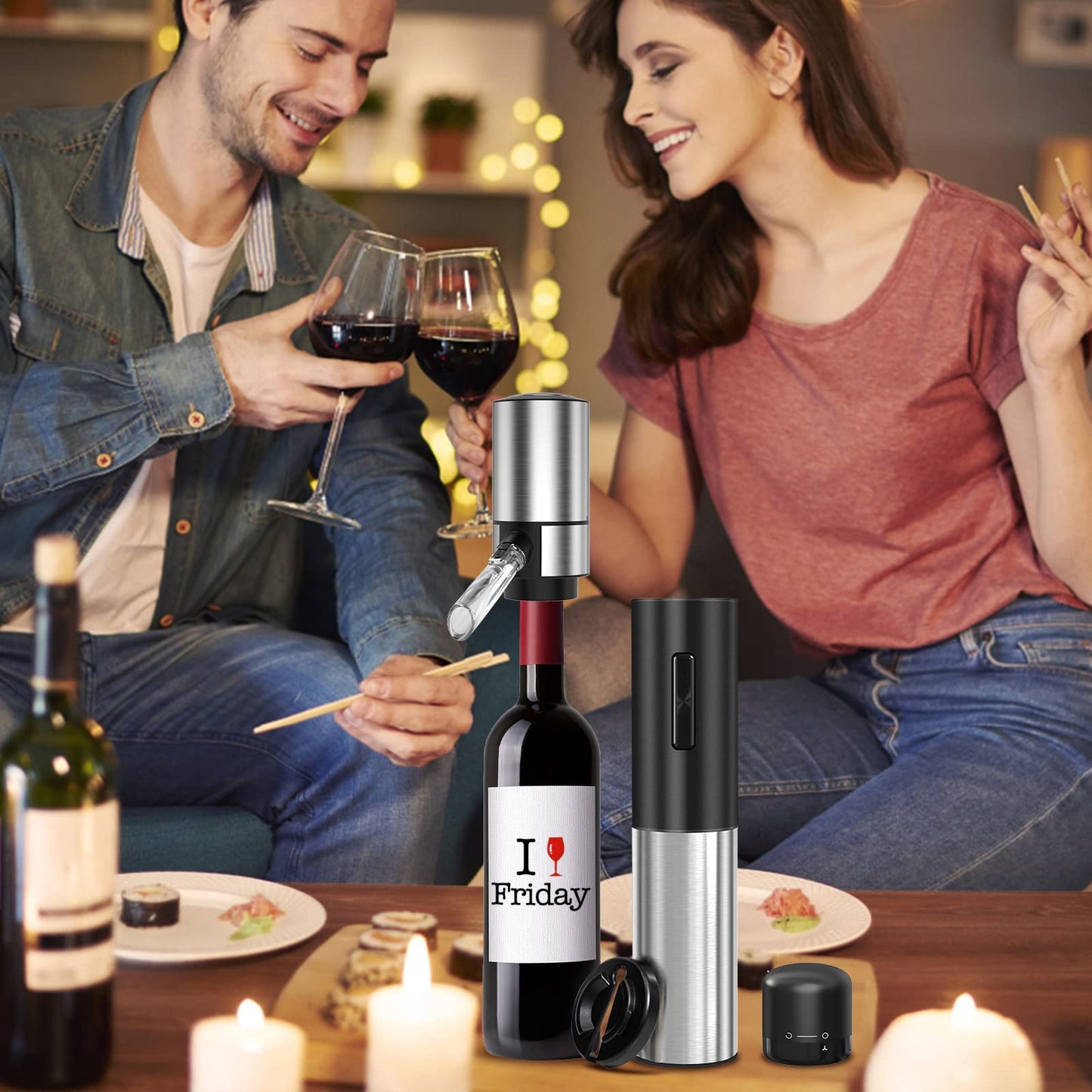 Rocyis Wine Gifts-Electric Wine Opener and Aerator Set-Wine Dispenser Battery Operated, Rechargeable Wine Bottle Opener & Pourer with Foil Cutter, Vacuum Stoppers