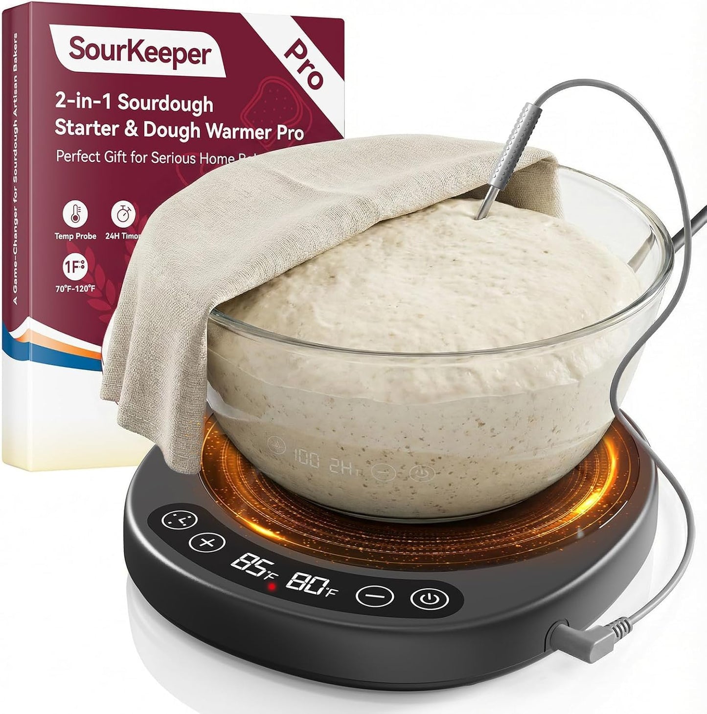 Pakusane SourKeeper, Larger 2-in-1 Sourdough Starter Warmer Pro - 2026 Upgrade Larger Heating Plate, Dough Temp Probe, 1°F Control (70–110°F), 24H Timer, Real-Time Monitoring Black