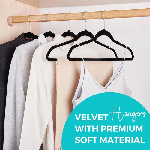 HOUSE DAY Premium Velvet Hangers - 50 Pack Black Non-Slip Flocked Hangers for Space-Saving Closet