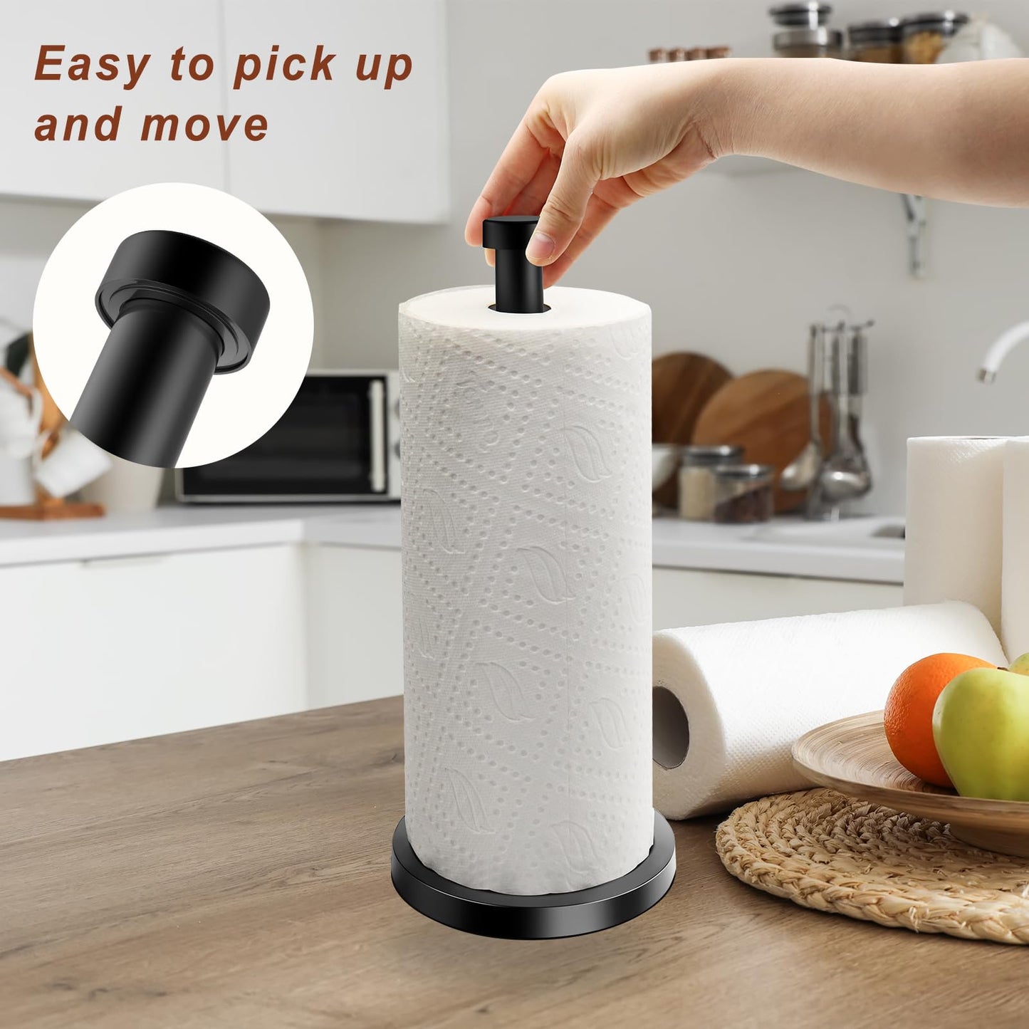 Paper Towel Holder Countertop, Kitchen Roll Holder, Stainless Steel Black Paper Towel Holders for Kitchen Organization, Paper Towel Dispenser Standing Weighted Base for One-Handed Operation