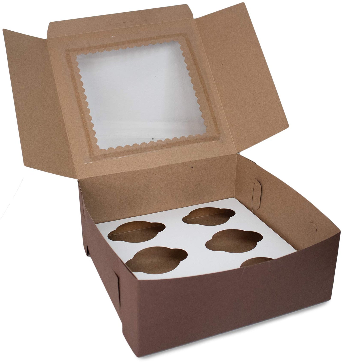 Made in USA 10" X 10" X 4" Recycled Chocolate Kraft Boxes for 6 Cupcakes with Scalloped Window & Inserts (Pack of 10 – Front Loading)