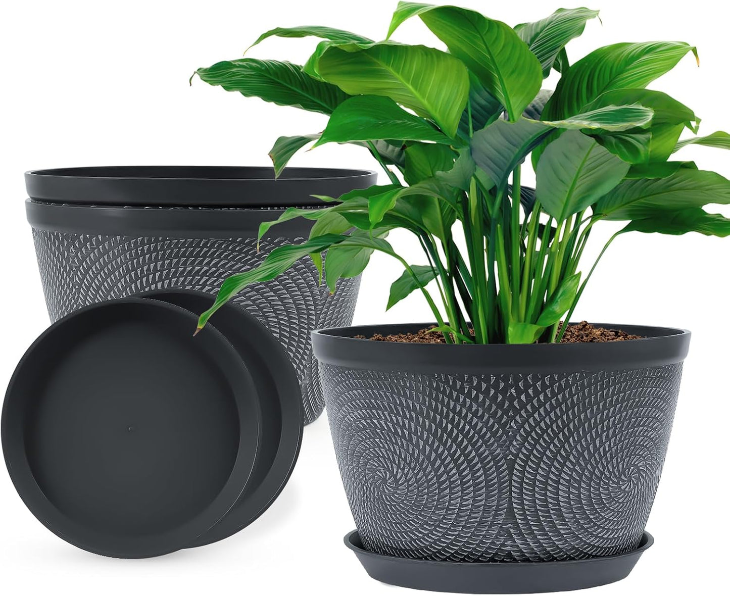 Quarut 10 Inch Flower Pots - 3 Pack Plastic Planters with Drainage Hole & Tray | Modern Gray Garden Pots