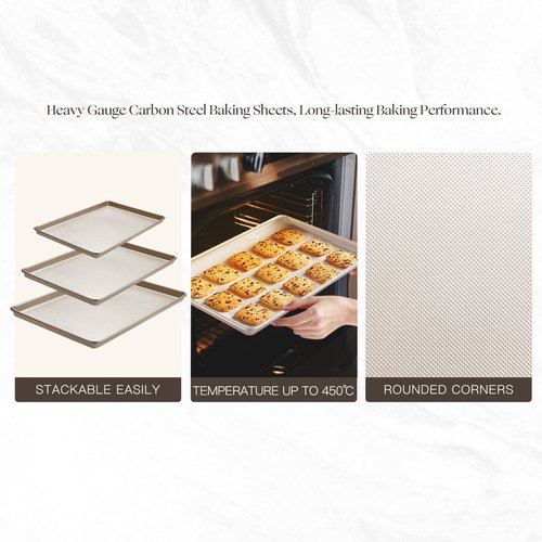 Heavy-Duty 3-Piece Baking Sheet Set - Commercial & Home Kitchen Nonstick Cookie Pans, Reinforced Carbon Steel Baking Trays, Oven-Safe with Even Heating & Easy Clean