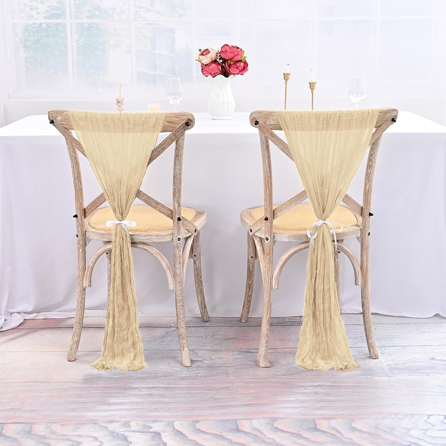 Skiennix 50 PCS Cheesecloth Chair Sashes - Elegant Beige Bows for Wedding & Event Decor