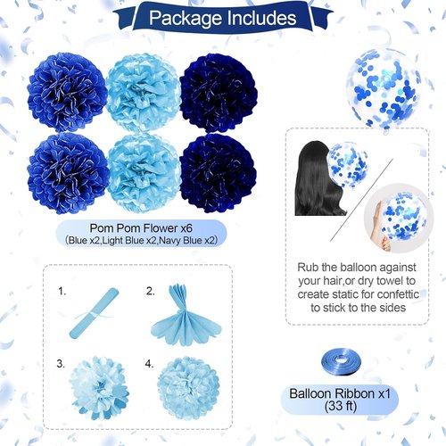 Blue Birthday Party Decorations - Skiennix Happy Birthday Banner, Balloons & Pom Poms | Navy & Light Blue