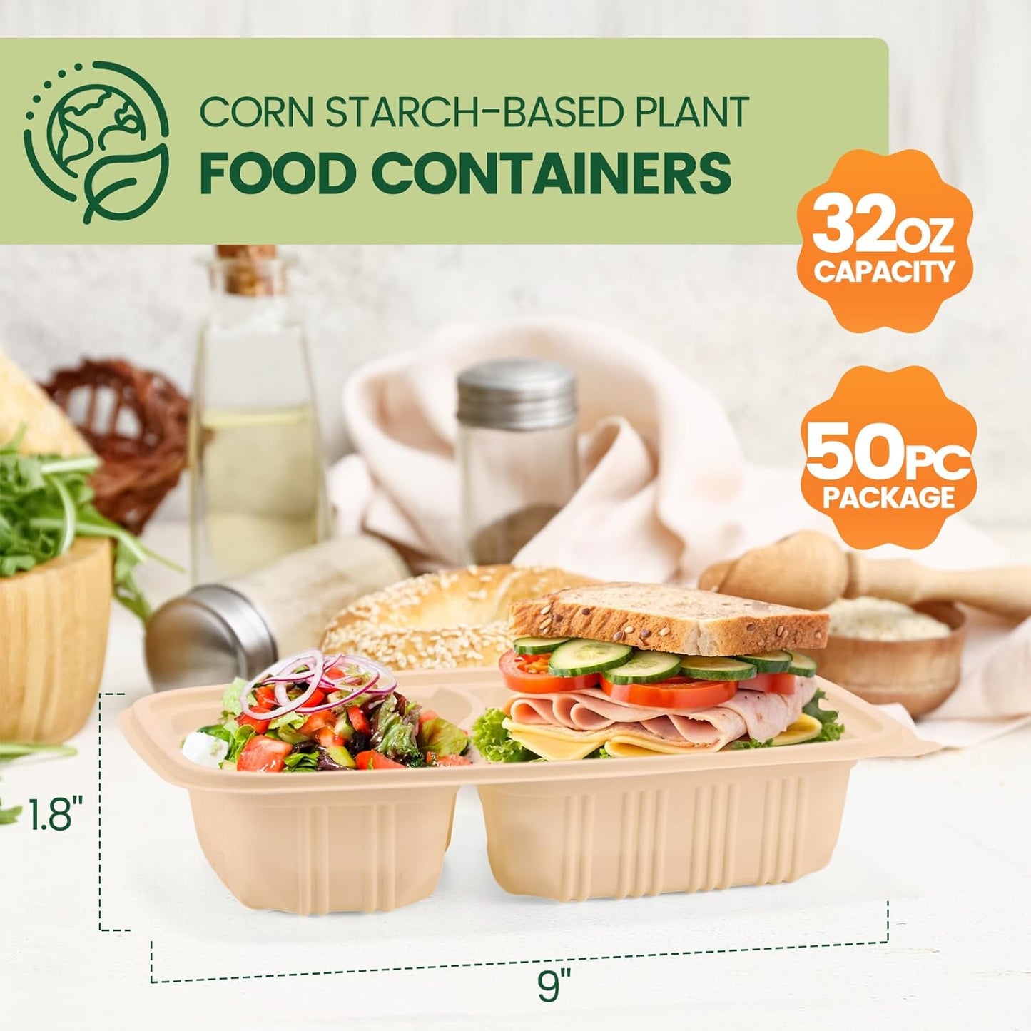 Meal Prep Containers - 100 Piece Reusable 2 Compartment 32 oz Cornstarch Snack Containers with Lids | Microwave & Freezer Safe