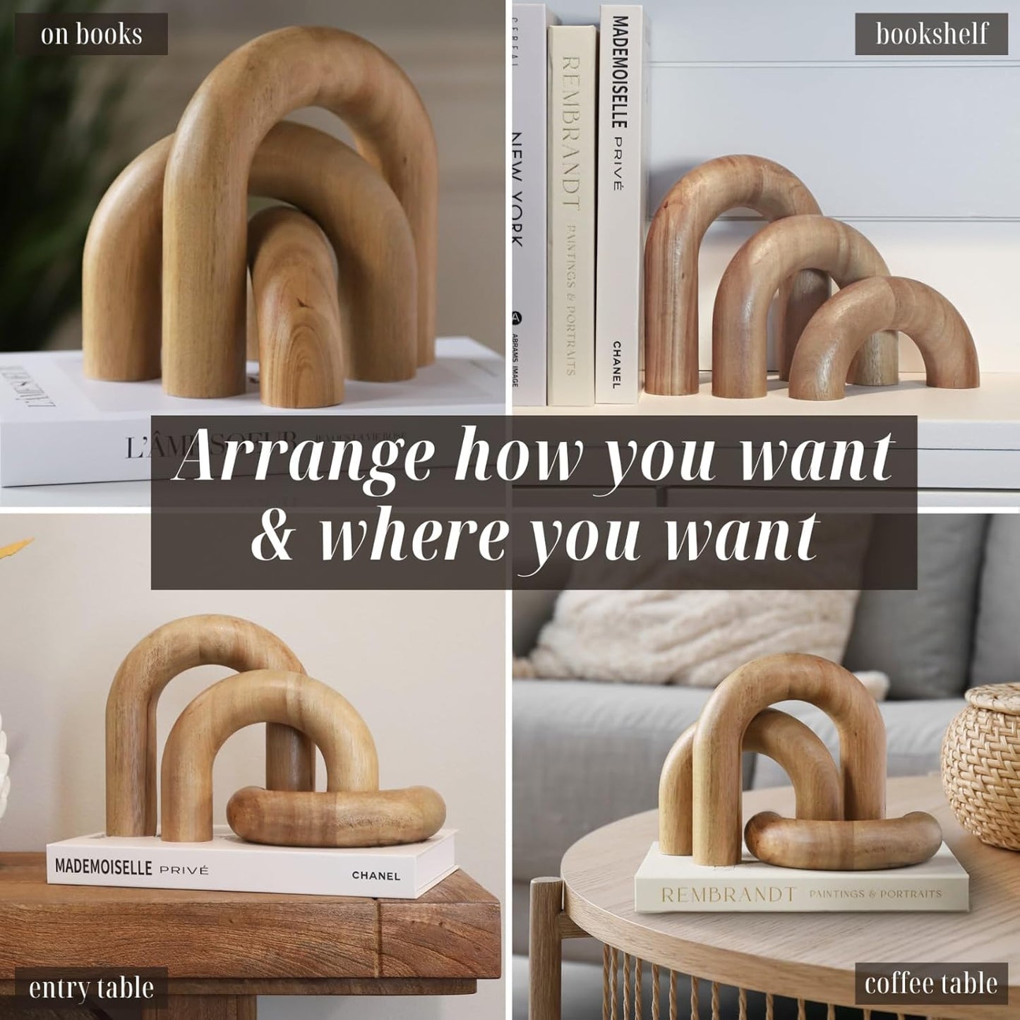 Wooden Arch Decor Set of 3 - Aesthetic Shelf Decor for Coffee Tables & Bookshelves | Acacia Wood Japandi Accents