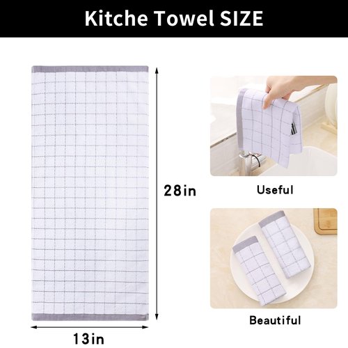 Homaxy 100% Cotton Terry Kitchen Towels(White, 13 x 28 inches), Checkered Designed, Soft and Super Absorbent Dish Towels, 6 Pack