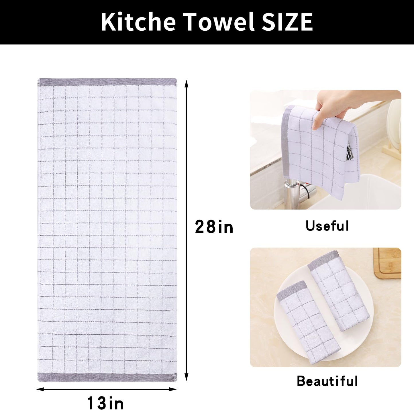 Homaxy 100% Cotton Terry Kitchen Towels(White, 13 x 28 inches), Checkered Designed, Soft and Super Absorbent Dish Towels, 8 Pack