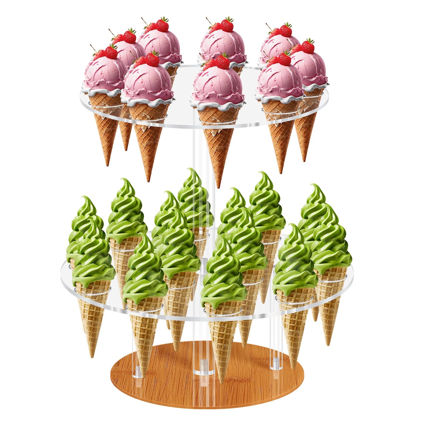ELEGICKLIP Acrylic Ice Cream Cone Holder 23 Holes 2 Tiers Stand Clear Cupcake Stand Display Rack for Birthday Parties Weddings Christmas