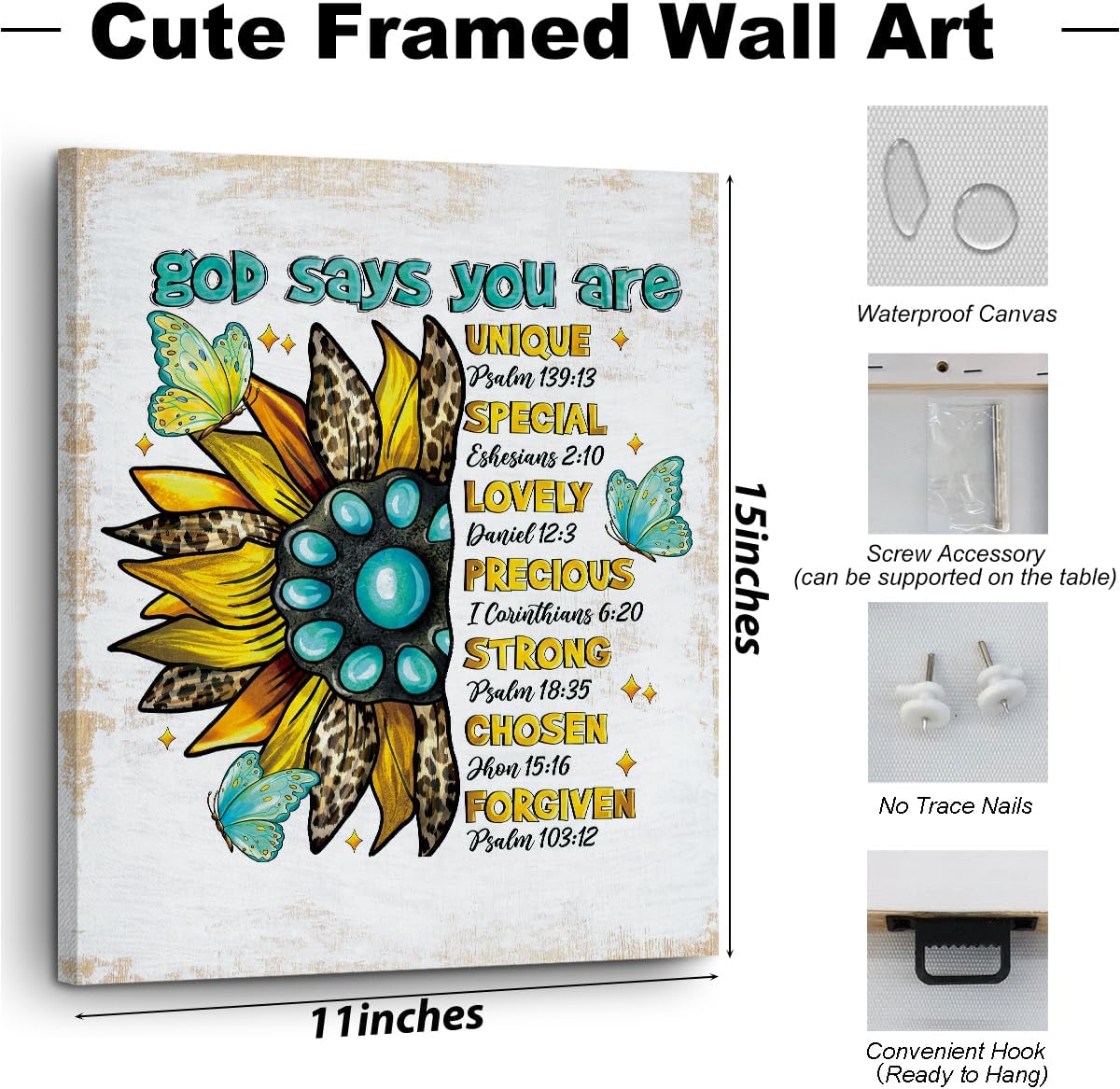 Skiennix Inspirational Christian Sunflower Canvas Wall Art - Motivational Framed Prints for Home Office | 11.4x15 IN