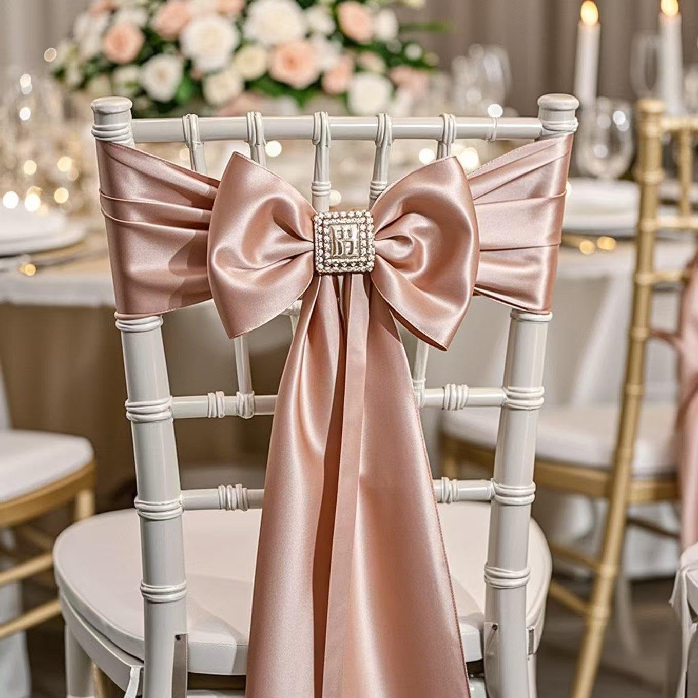 Regine Switzerland Wedding Satin Chair Sashes - Elegant Gold Bows, 7x108 Inch, Pack of 50 for Events