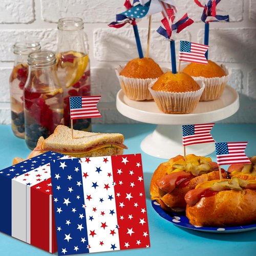 50 Count Red White Blue Star Paper Napkins, Patriotic Disposable Cocktail Napkins for 4th of July, Memorial Day, Veterans Day, Labor Day, and American Flag Party Decorations