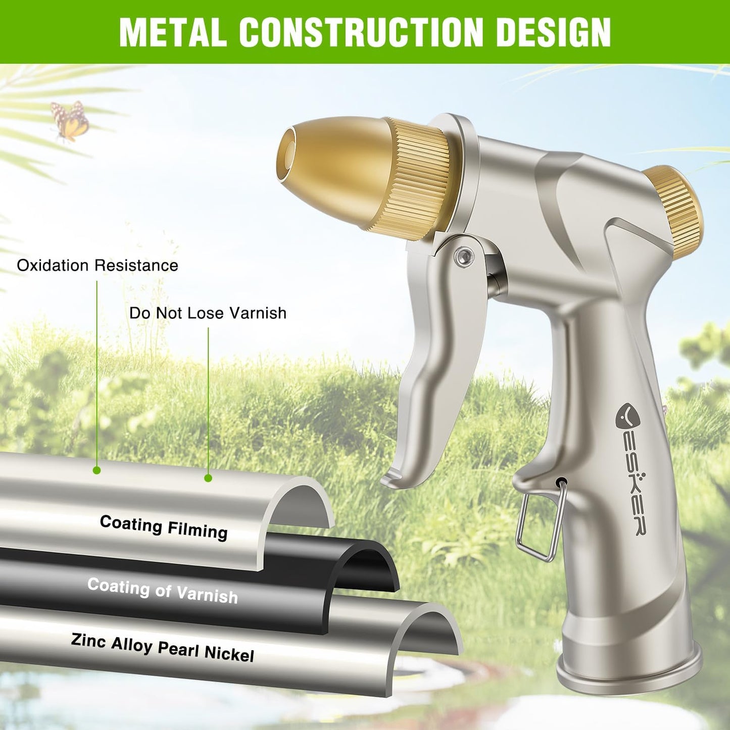 Yesker Garden Hose Nozzle - Heavy Duty 100% Metal Brass Sprayer with 4 Adjustable Spray Patterns for Outdoor Use