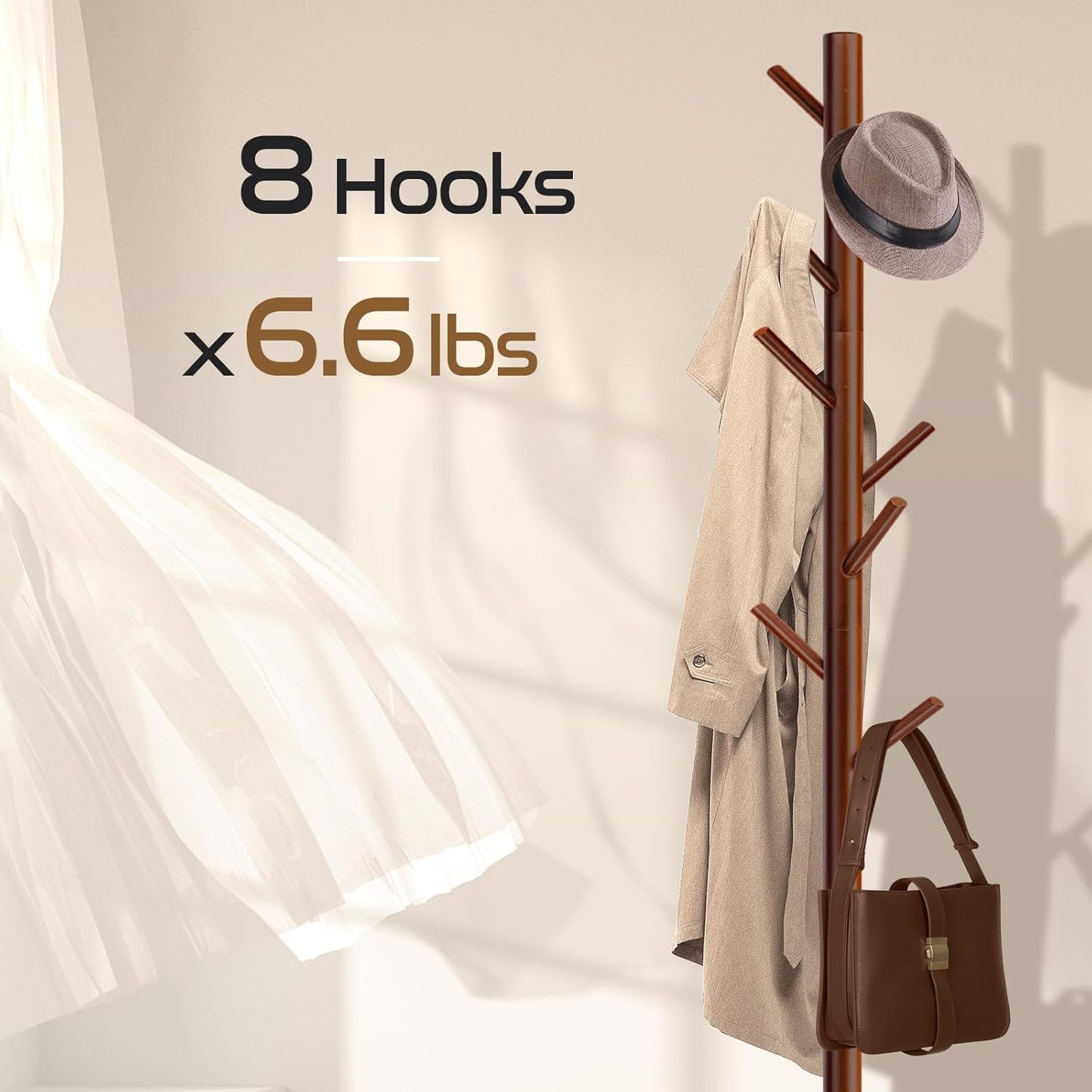 Solid Wooden Coat Rack - Freestanding New Zealand Pine Tree with 8 Hooks | Adjustable Sizes for Coats, Hats, and Handbags (Brown)