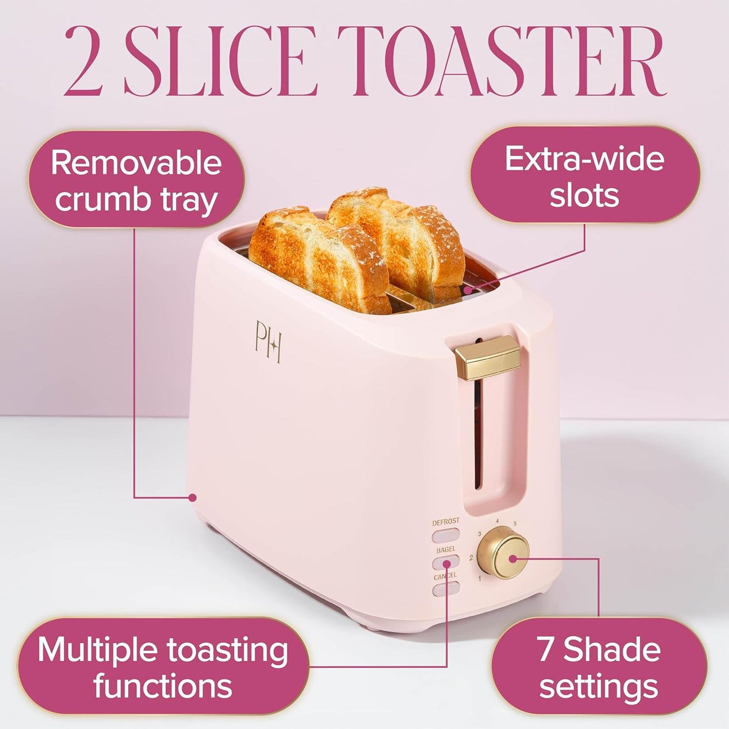 Paris Hilton 2-Slice Toaster - Extra-Wide Slots & 7 Browning Settings | Pink with Bagel & Defrost Functions