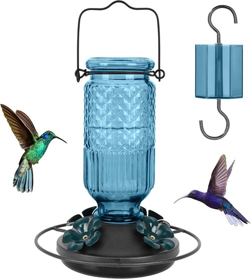FEED GARDEN Glass Hummingbird Feeder - 16oz Leak-Proof Design with Bee Guards & Ant Moat, Blue