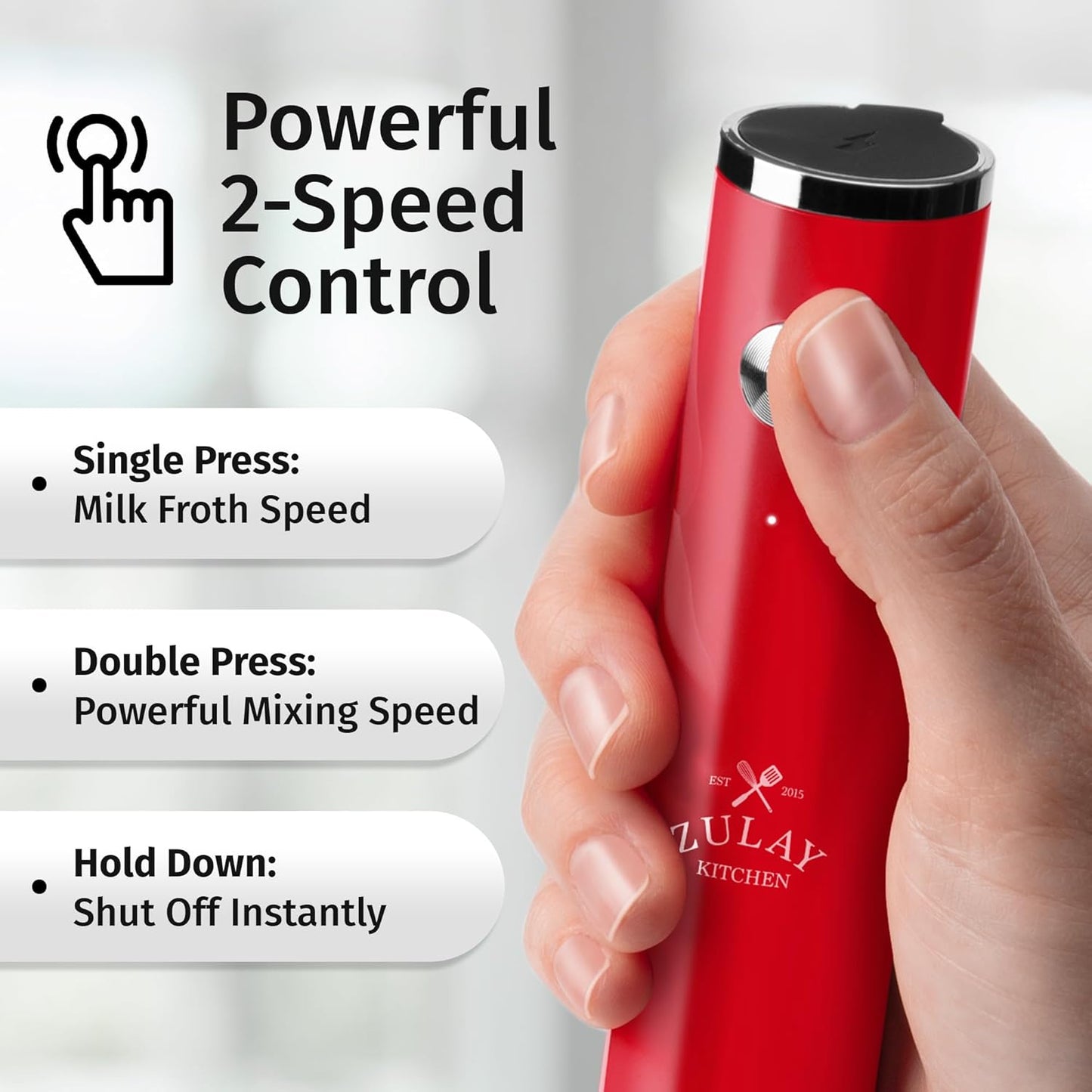 Zulay Kitchen Rechargeable Milk Frother - Powerful 2-Speed Motor & Waterproof Design | 2000mAh Battery - Scarlet Color for Lattes, Cappuccinos, Matcha & Protein Powder