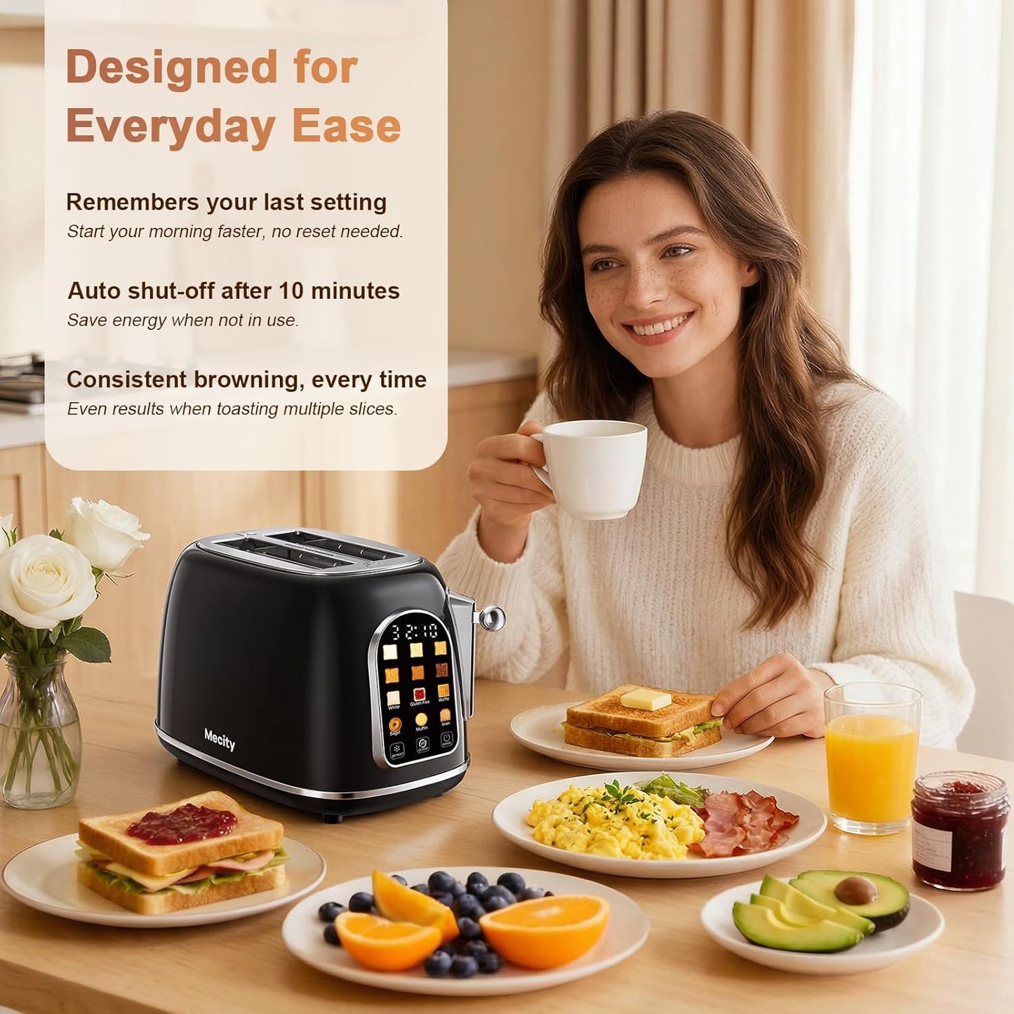 Mecity 2-Slice Toaster - Touch Screen Retro Design for Bagels & Muffins | Jet Black, 120V 825W
