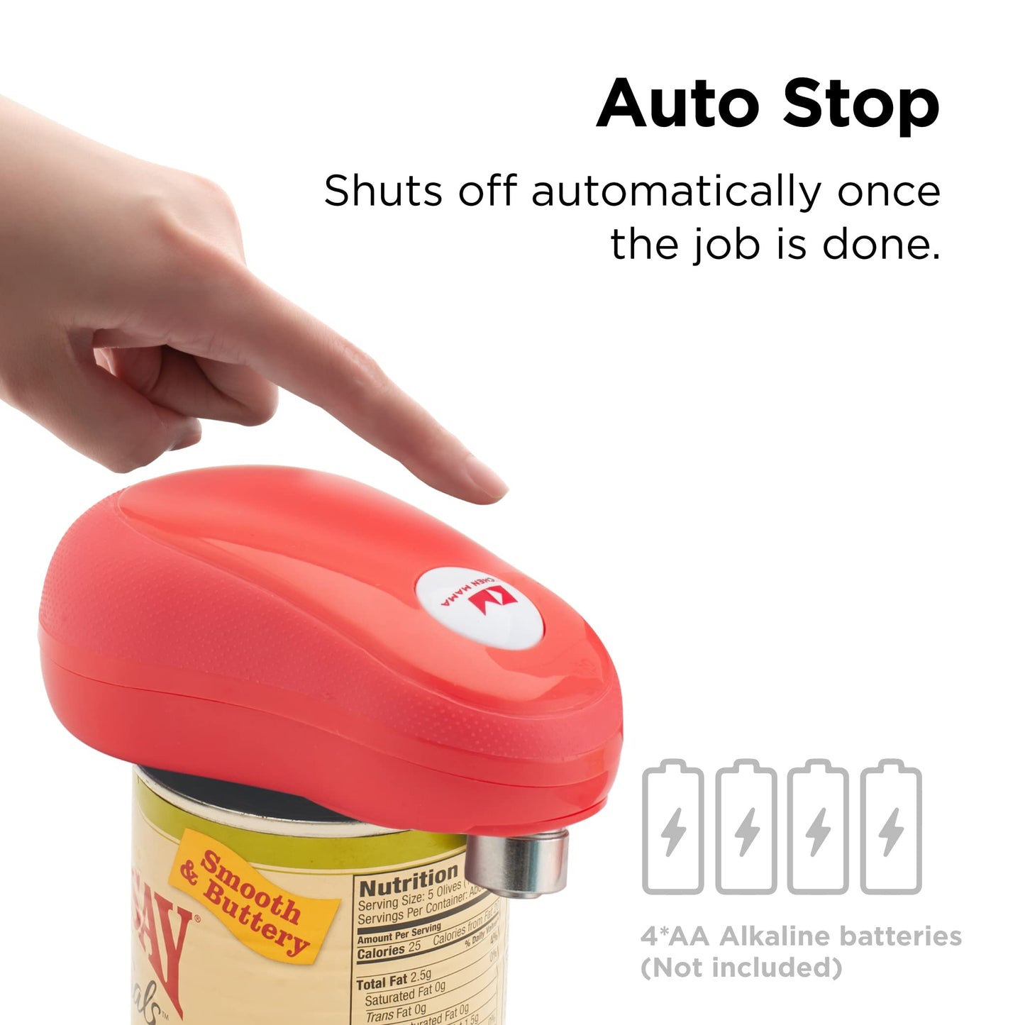 Kitchen Mama One Touch Electric Can Opener: Effortlessly Opens Cans with a Single Button Press, Auto-Stop Feature, Ergonomic Design, Smooth Edge, Food-Safe, Battery Powered (Red)